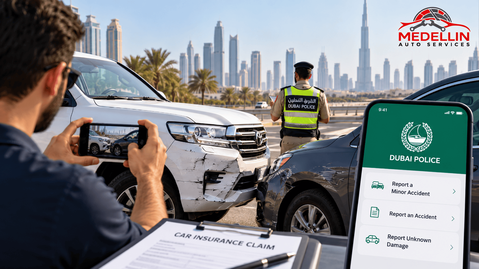Car insurance claim in Dubai, accident damaged car being assessed for repair at Medellin Auto Services in Umm Ramool